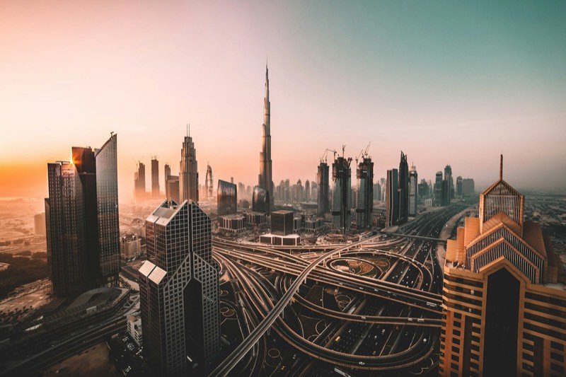 Dubai skyline with the Burj Khalifa at sunrise