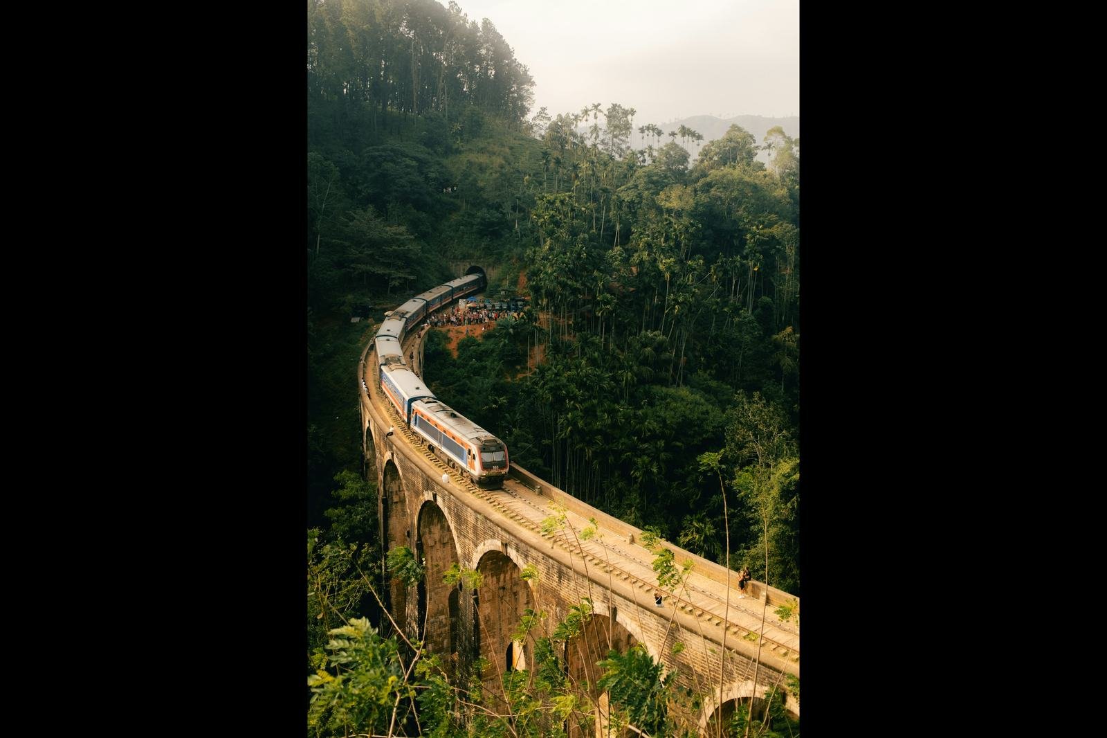 A train crossing the Nine Arch Bridge among tea plantations near Ella, Sri Lanka