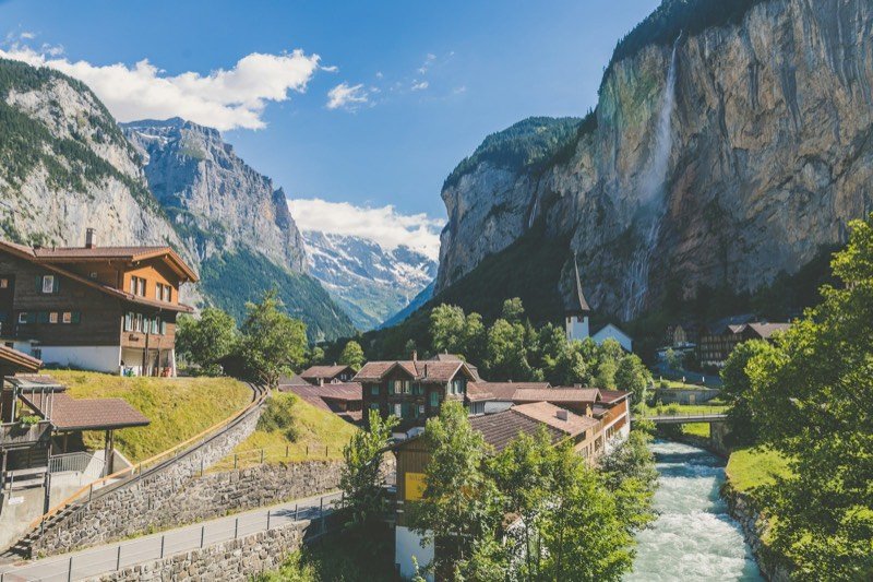 Lauterbrunnen valley village beneath alpine cliffs, Switzerland