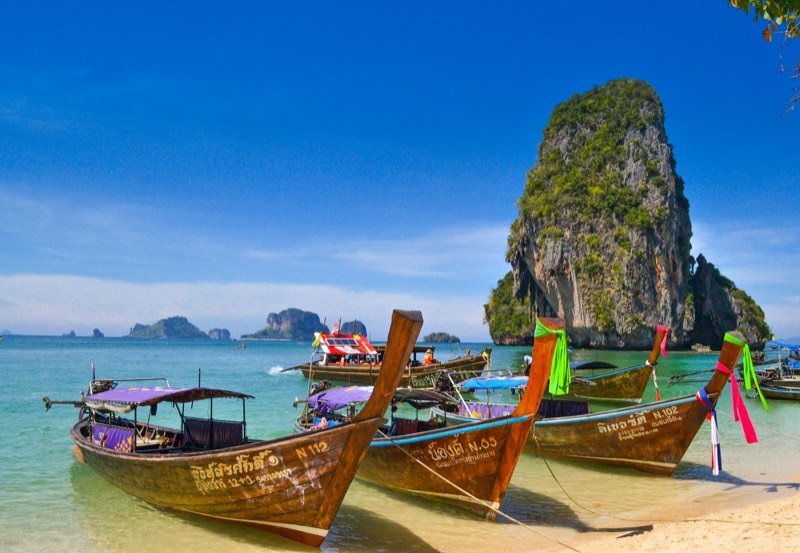 Longtail boats on a Krabi beach, Thailand